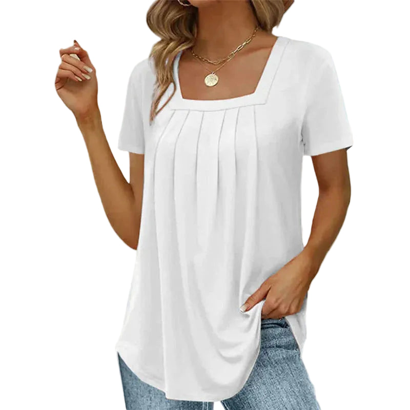 Women’s Square Neck Short Sleeve Blouse with Pleated Front