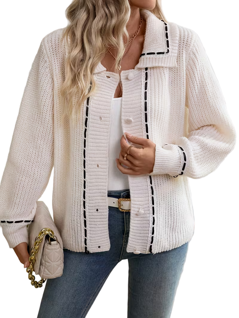 Women’s Contrast-Stitch Button-Down Cardigan