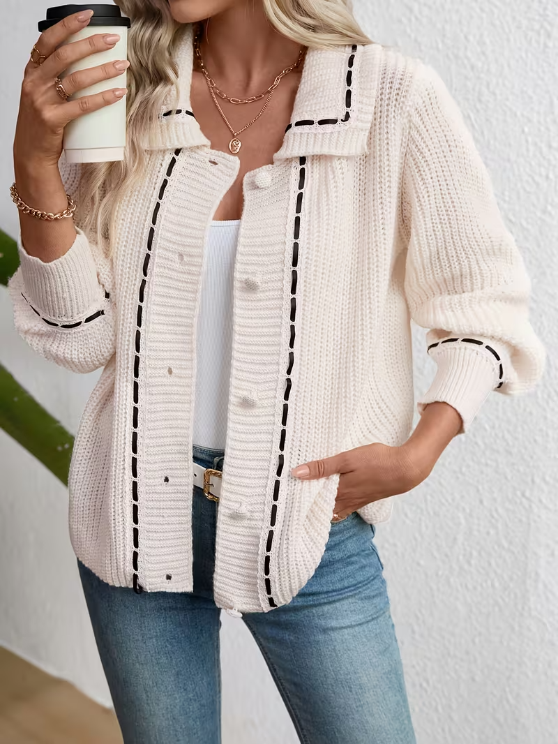 Women’s Contrast-Stitch Button-Down Cardigan