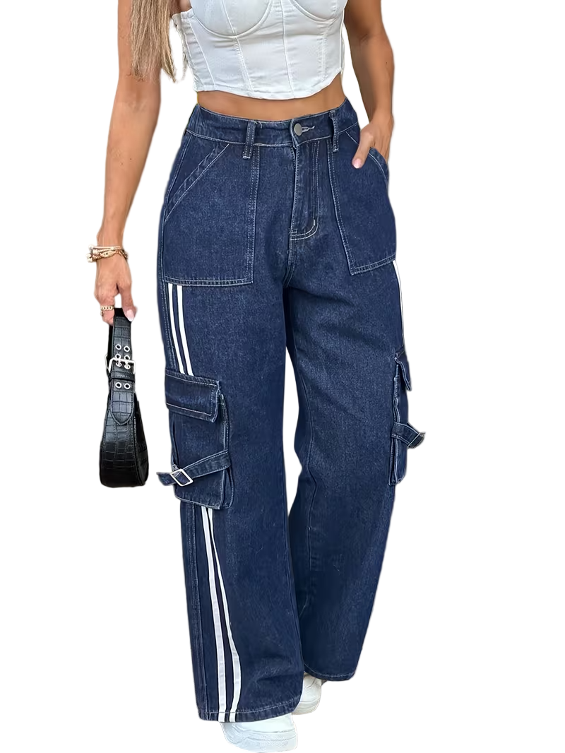 Women's Wide-Leg Cargo Pants with Stripes